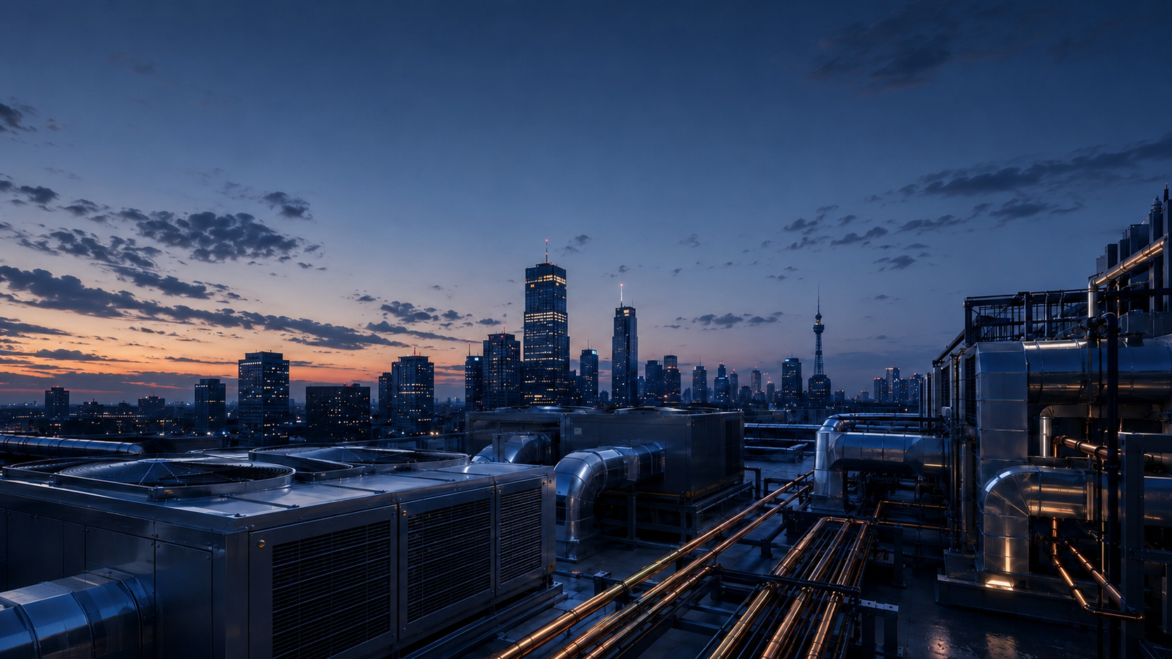 Rooftop HVAC plant on a commercial tower at dusk.