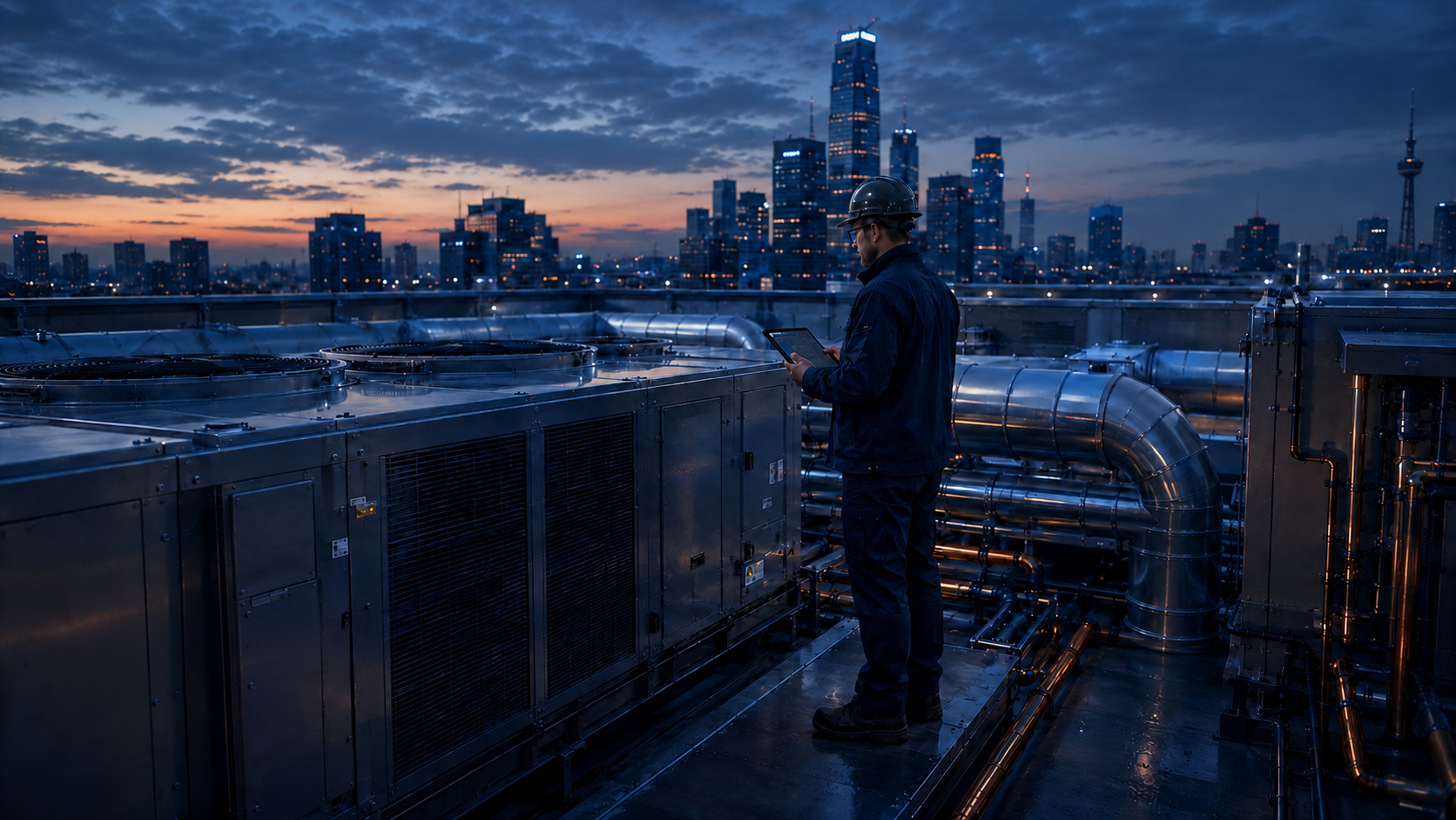 HVAC technician reviewing rooftop unit status above the city.