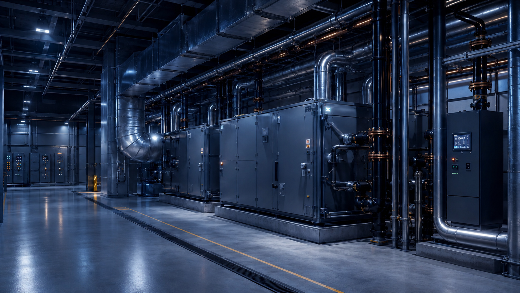 Ductwork and plant equipment corridor for commercial climate systems.