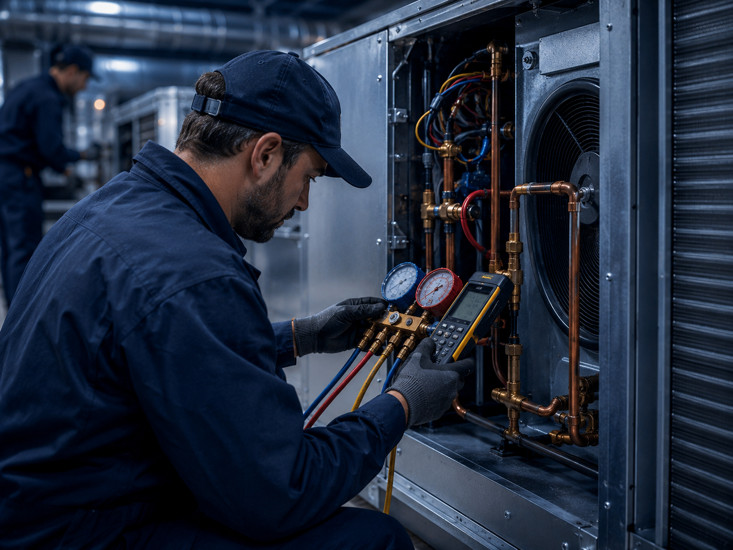 Technician taking pressure and refrigerant readings during a PPM service visit.