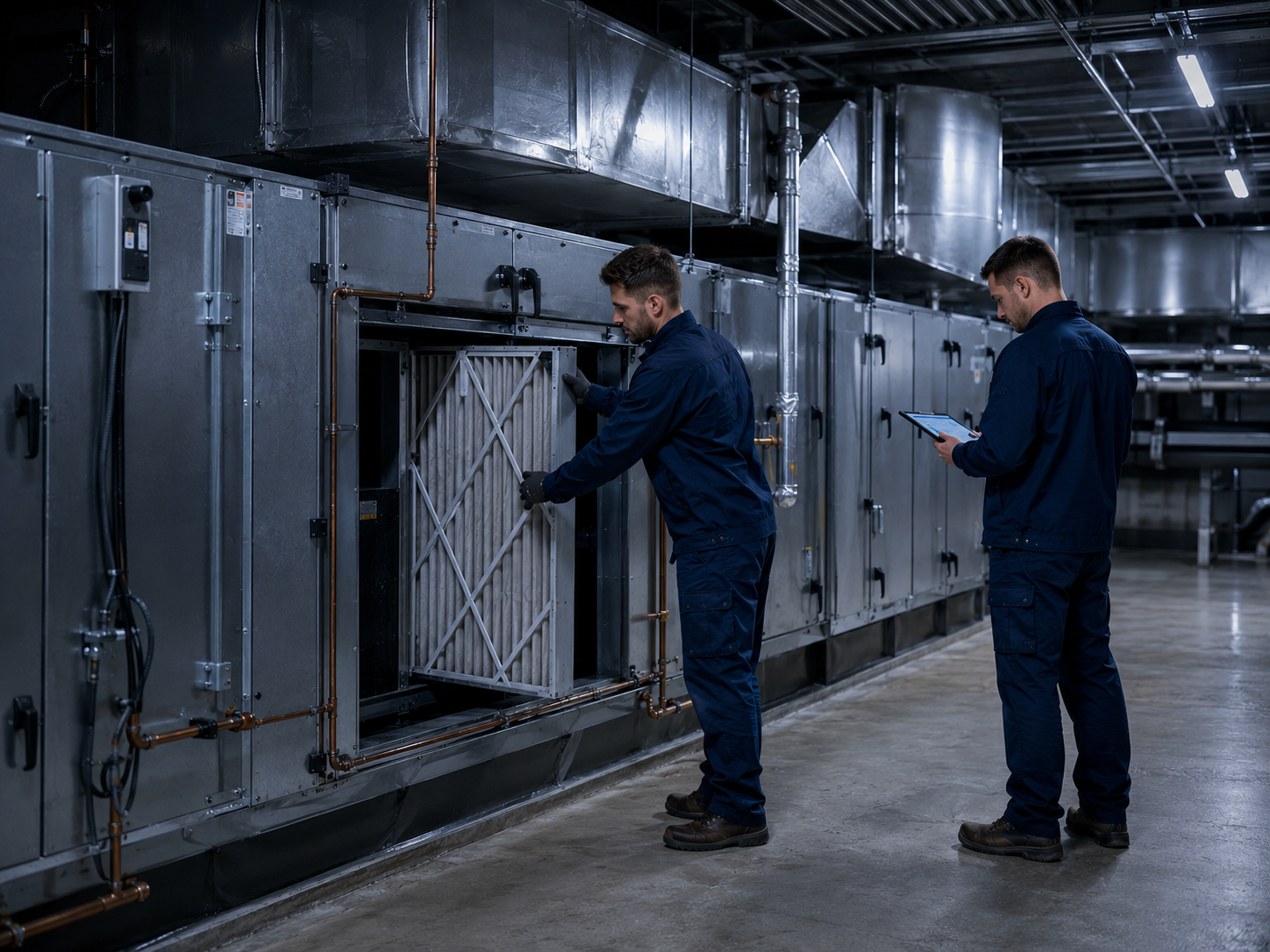 Two technicians replacing filters and recording portfolio maintenance details.
