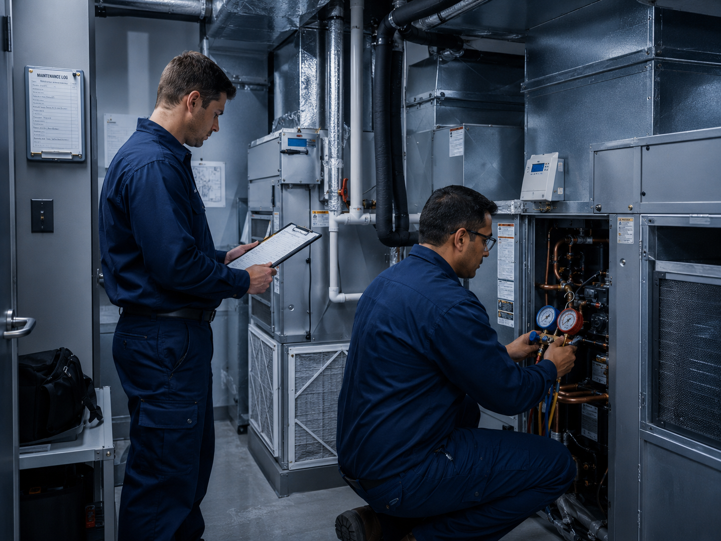 Two technicians logging maintenance while checking refrigerant gauges and ductwork.